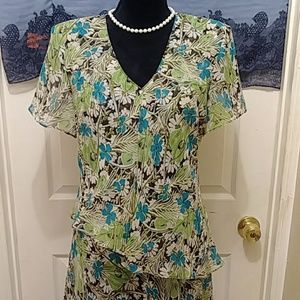 R&K Green & Brown floral dress Sz 16P